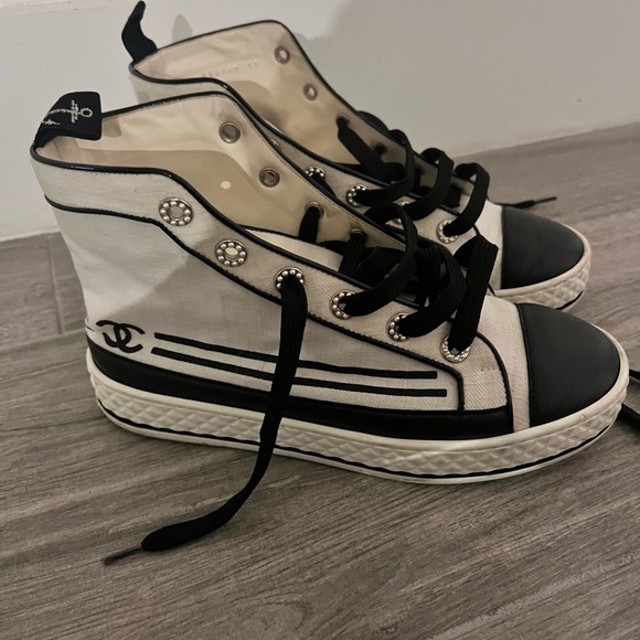 Chanel Fabric High Top Sneakers Sz 37 Authentic - Picture 9 of 9